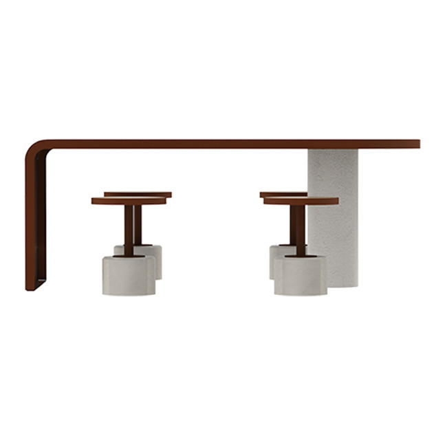 Table + Stools 4 + 1 Places Doriz concrete / metal / HPL to ankle + parasol hole - white sandblasted / anthracite 7016 / chene 