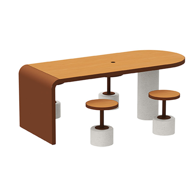 Table + Stools 4 + 1 Places Doriz concrete / metal / HPL to ankle + parasol hole - white sandblasted / anthracite 7016 / chene 