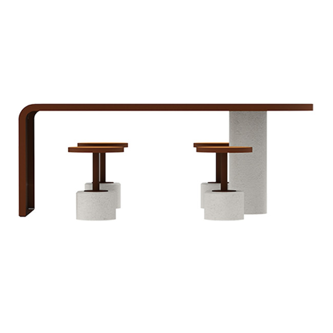 Table + Stools 4 + 1 Places Doriz concrete / metal / HPL to ankle + parasol hole - white sandblasted / anthracite 7016 / chene 