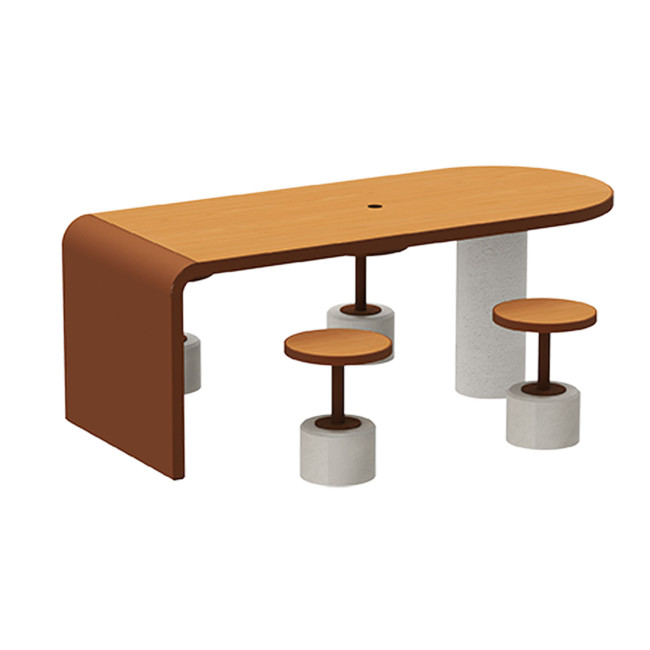 Table + Stools 4 + 1 Places Doriz concrete / metal / HPL to ankle + parasol hole - white sandblasted / anthracite 7016 / chene 