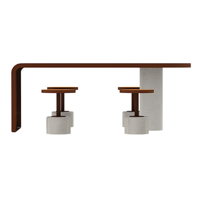 Table + Stools 4 + 1 Places Doriz concrete / metal / HPL to ankle + parasol hole - white sandblasted / anthracite 7016 / chene 