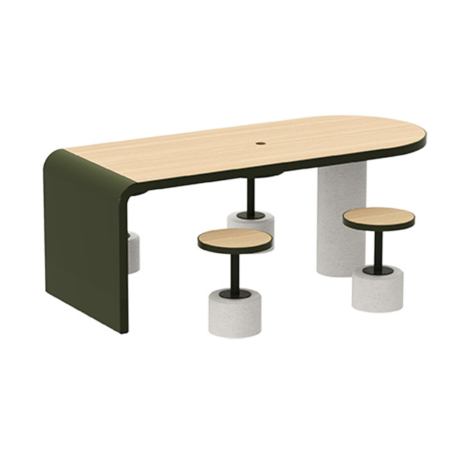 Table + Stools 4 + 1 Places Doriz concrete / metal / HPL to ankle + parasol hole - white sandblasted / anthracite 7016 / chene 