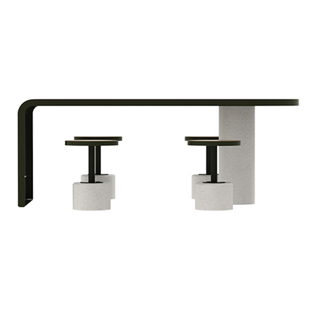 Table + Stools 4 + 1 Places Doriz concrete / metal / HPL to ankle + parasol hole - white sandblasted / anthracite 7016 / chene 