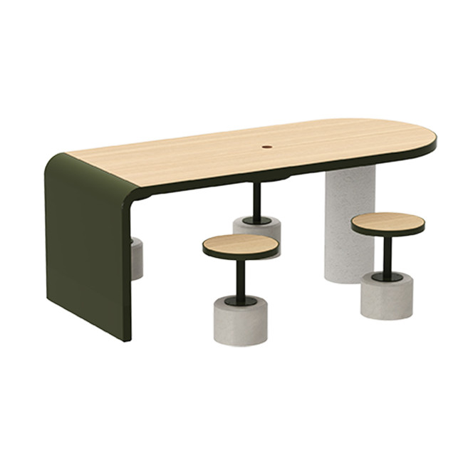 Table + Stools 4 + 1 Places Doriz concrete / metal / HPL to ankle + parasol hole - white sandblasted / anthracite 7016 / chene 