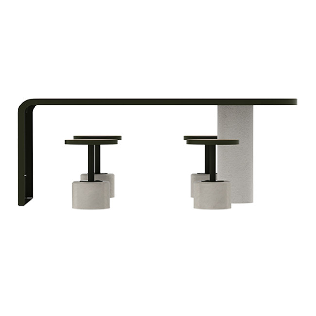 Table + Stools 4 + 1 Places Doriz concrete / metal / HPL to ankle + parasol hole - white sandblasted / anthracite 7016 / chene 