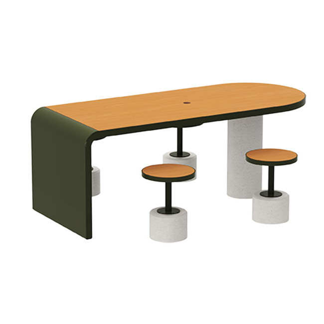 Table + Stools 4 + 1 Places Doriz concrete / metal / HPL to ankle + parasol hole - white sandblasted / anthracite 7016 / chene 