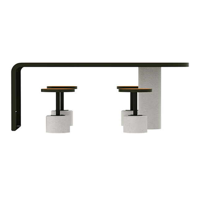 Table + Stools 4 + 1 Places Doriz concrete / metal / HPL to ankle + parasol hole - white sandblasted / anthracite 7016 / chene 