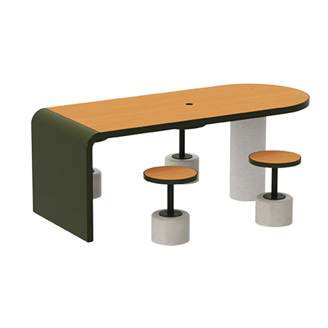 Table + Stools 4 + 1 Places Doriz concrete / metal / HPL to ankle + parasol hole - white sandblasted / anthracite 7016 / chene 