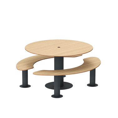 Round table + 6-seater metal mocha / HPL hp with parasol hole - Anthracite 7016 / Clear Chene