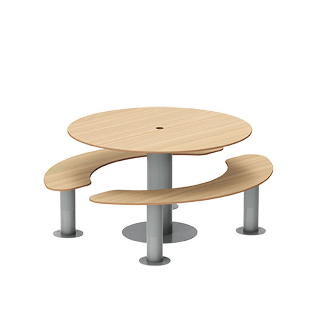 Round table + 6-seater metal mocha / HPL hp with parasol hole - Anthracite 7016 / Clear Chene