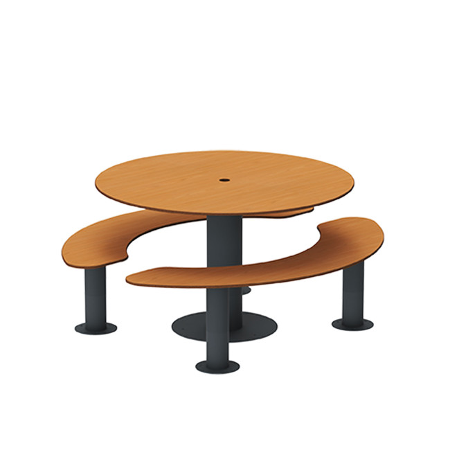 Round table + 6-seater metal mocha / HPL hp with parasol hole - Anthracite 7016 / Clear Chene