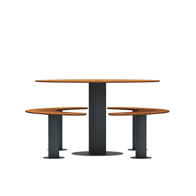 Round table + 6-seater metal mocha / HPL hp with parasol hole - Anthracite 7016 / Clear Chene