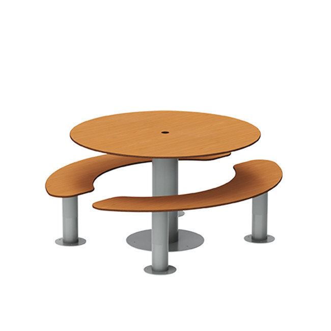 Round table + 6-seater metal mocha / HPL hp with parasol hole - Anthracite 7016 / Clear Chene
