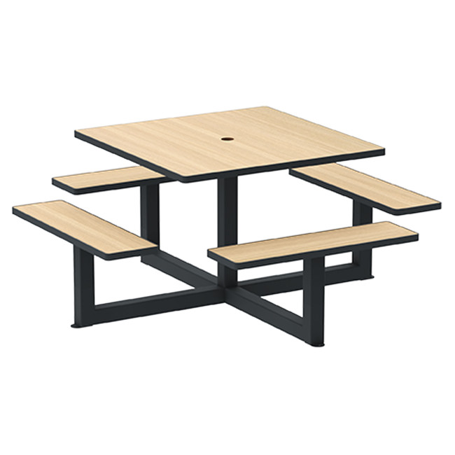 Square Table + Built-in Banquettes Metal / HPL + Parasol Hole - 8places - Anthracite 7016 / Clear Chene