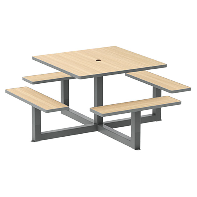Square Table + Built-in Banquettes Metal / HPL + Parasol Hole - 8places - Anthracite 7016 / Clear Chene