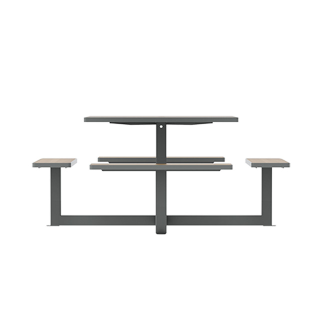 Square Table + Built-in Banquettes Metal / HPL + Parasol Hole - 8places - Anthracite 7016 / Clear Chene