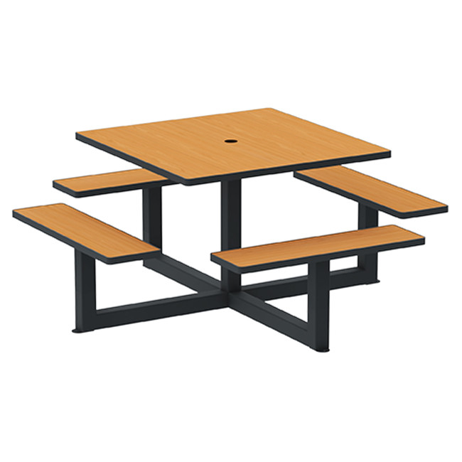 Square Table + Built-in Banquettes Metal / HPL + Parasol Hole - 8places - Anthracite 7016 / Clear Chene