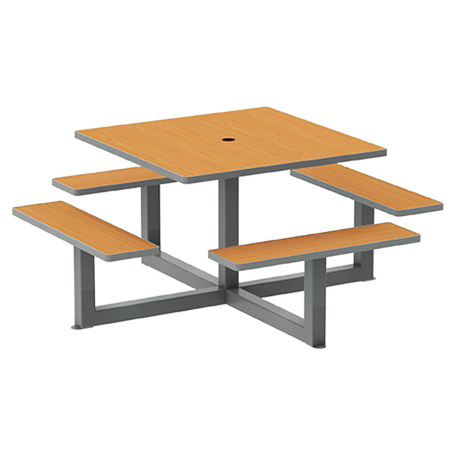 Square Table + Built-in Banquettes Metal / HPL + Parasol Hole - 8places - Anthracite 7016 / Clear Chene