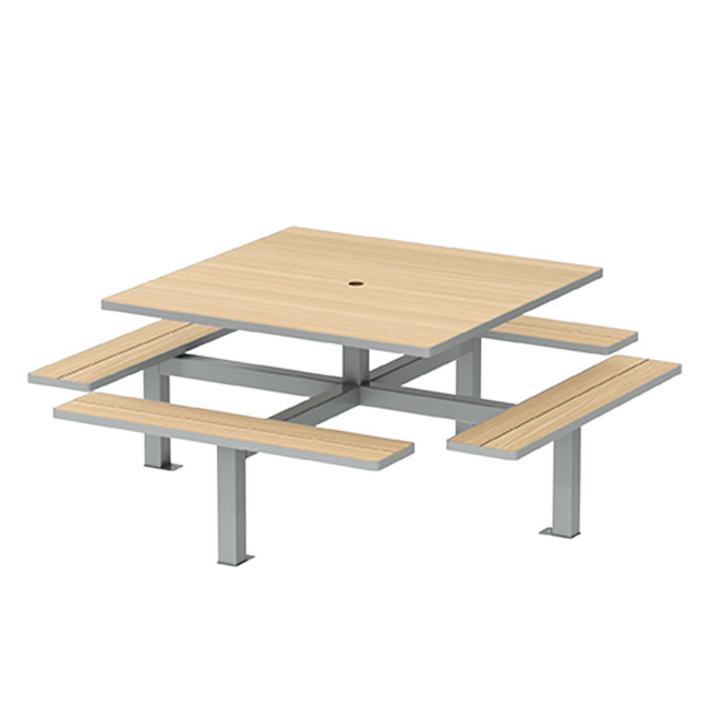 Square Table + Suspended Banquettes 8 Places Metal / HPL + Parasol Hole - anthracite 7016 / clear chene