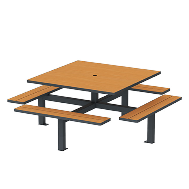Square Table + Suspended Banquettes 8 Places Metal / HPL + Parasol Hole - anthracite 7016 / clear chene